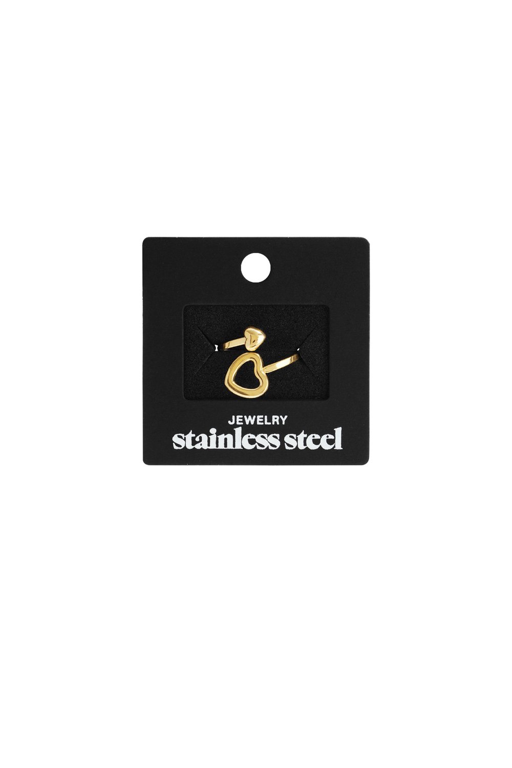 Gold-tone stainless steel split heart mood ring on a black display card.