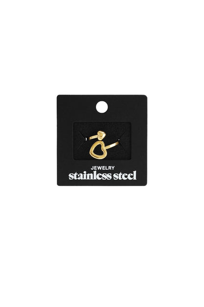 Gold-tone stainless steel split heart mood ring on a black display card.
