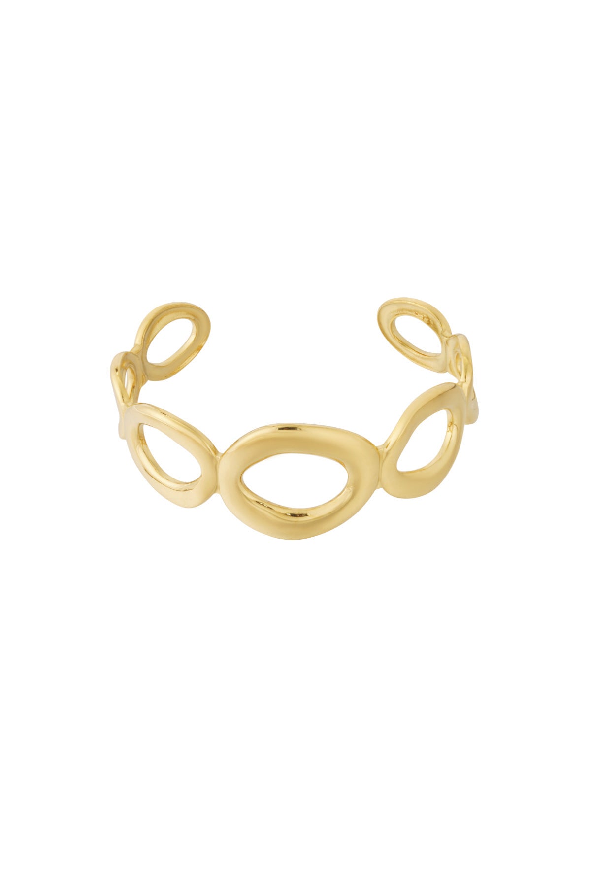 Gold-tone openwork cuff bracelet with linked irregular open oval shapes on white background