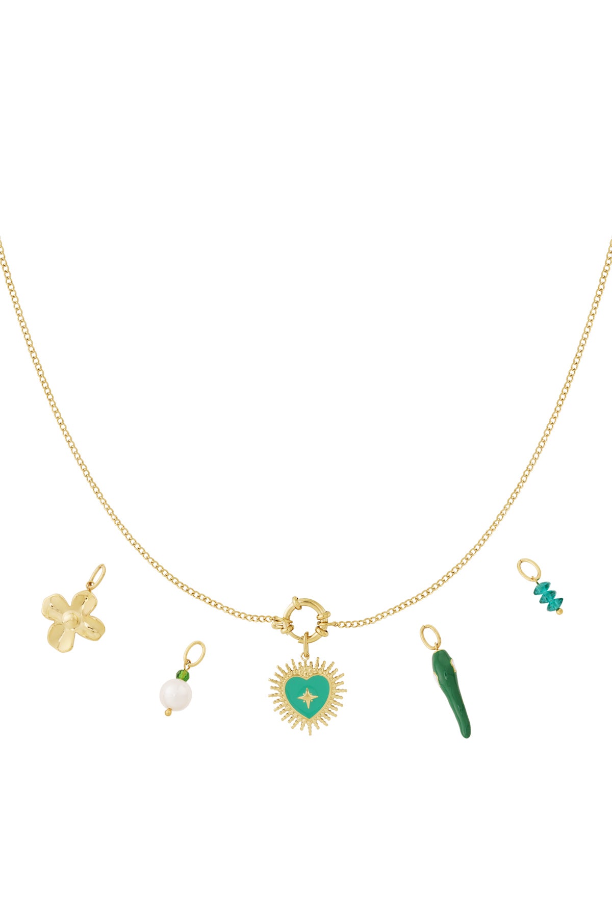 Gold pendant necklace with interchangeable charms including a green heart, pearl, flower, green chili pepper and small green beads laid flat on white background