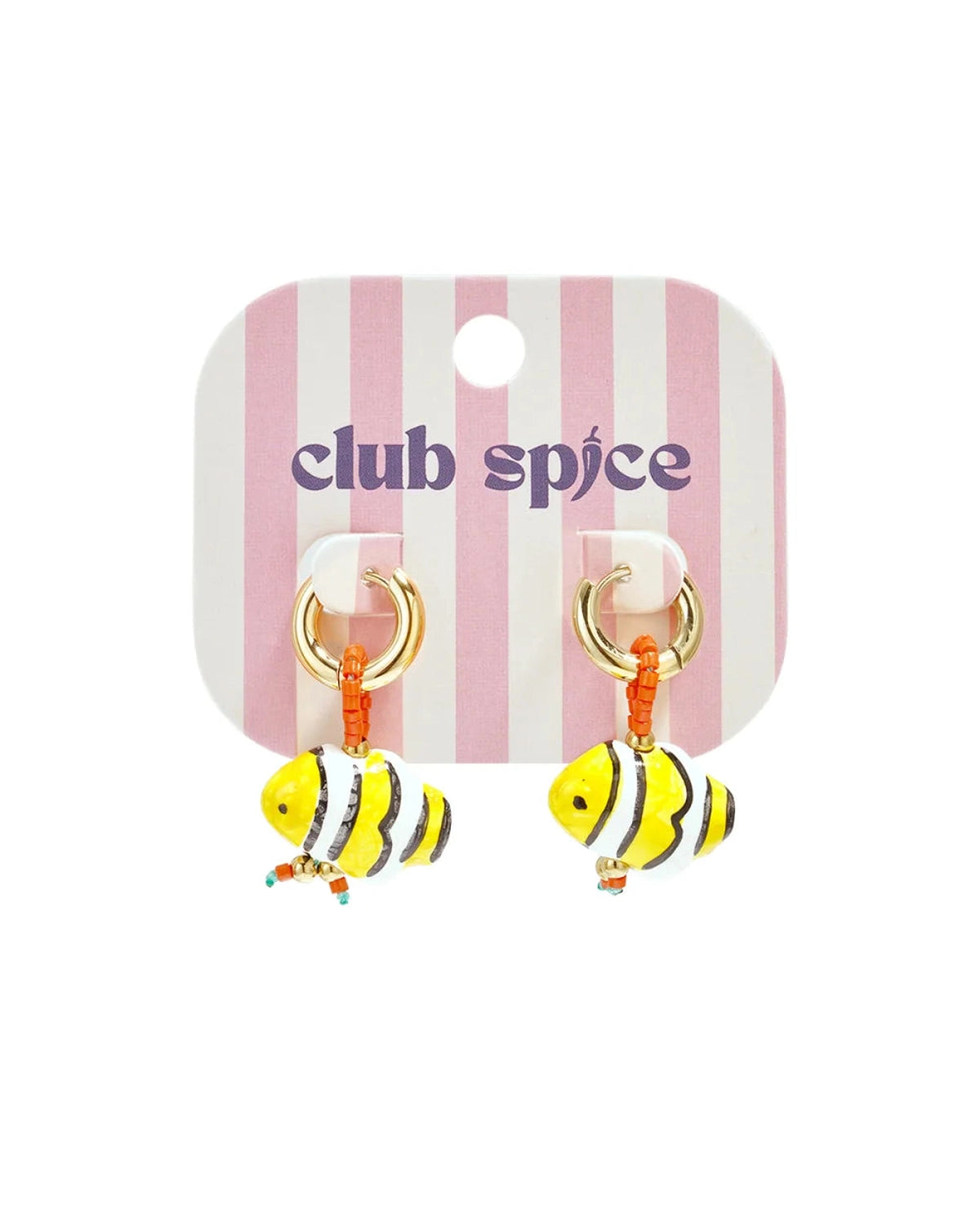 Glass fish bead earrings on gold hoops, featuring yellow, white, and black striped fish charms.