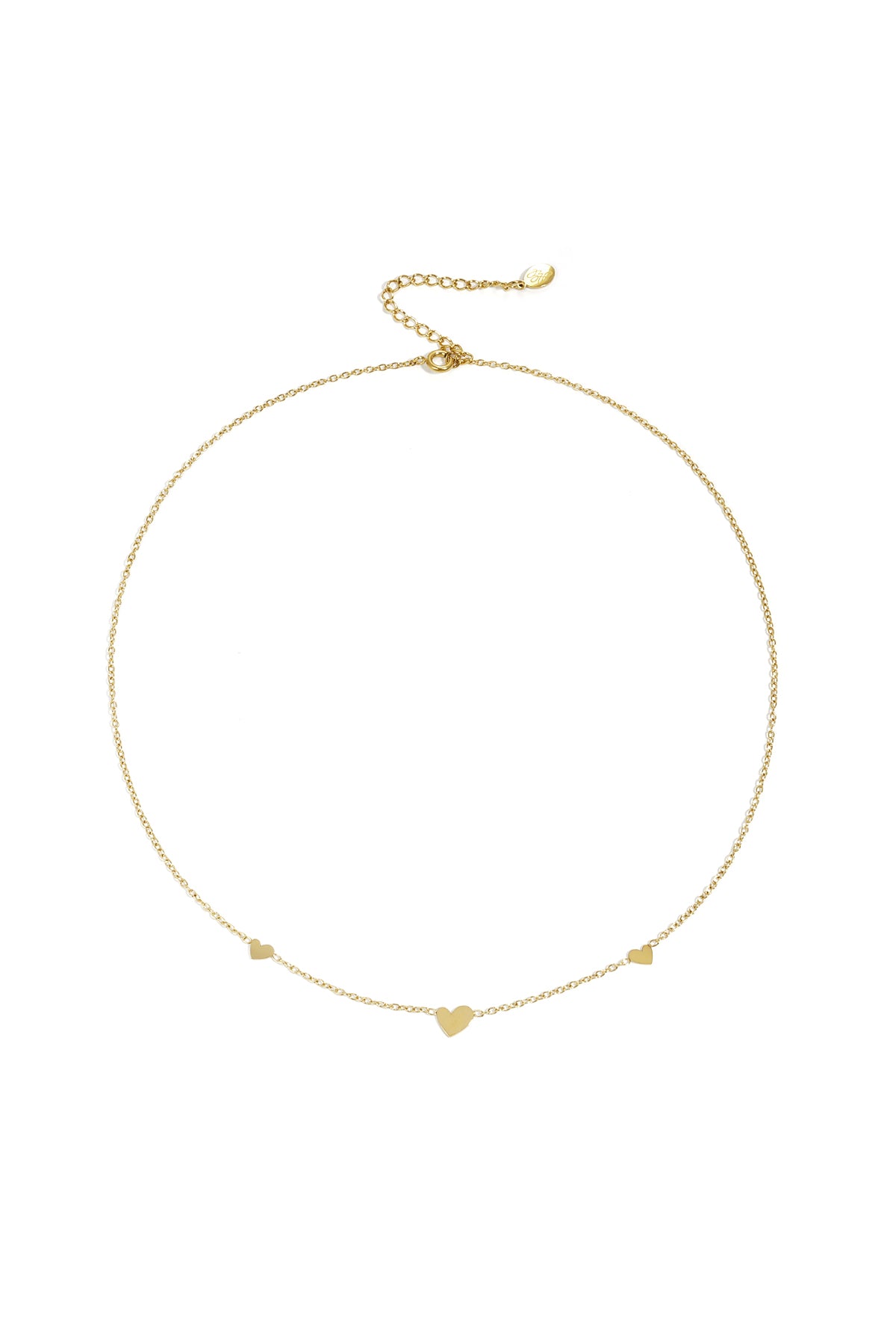 Gold heart charm chain necklace on white background