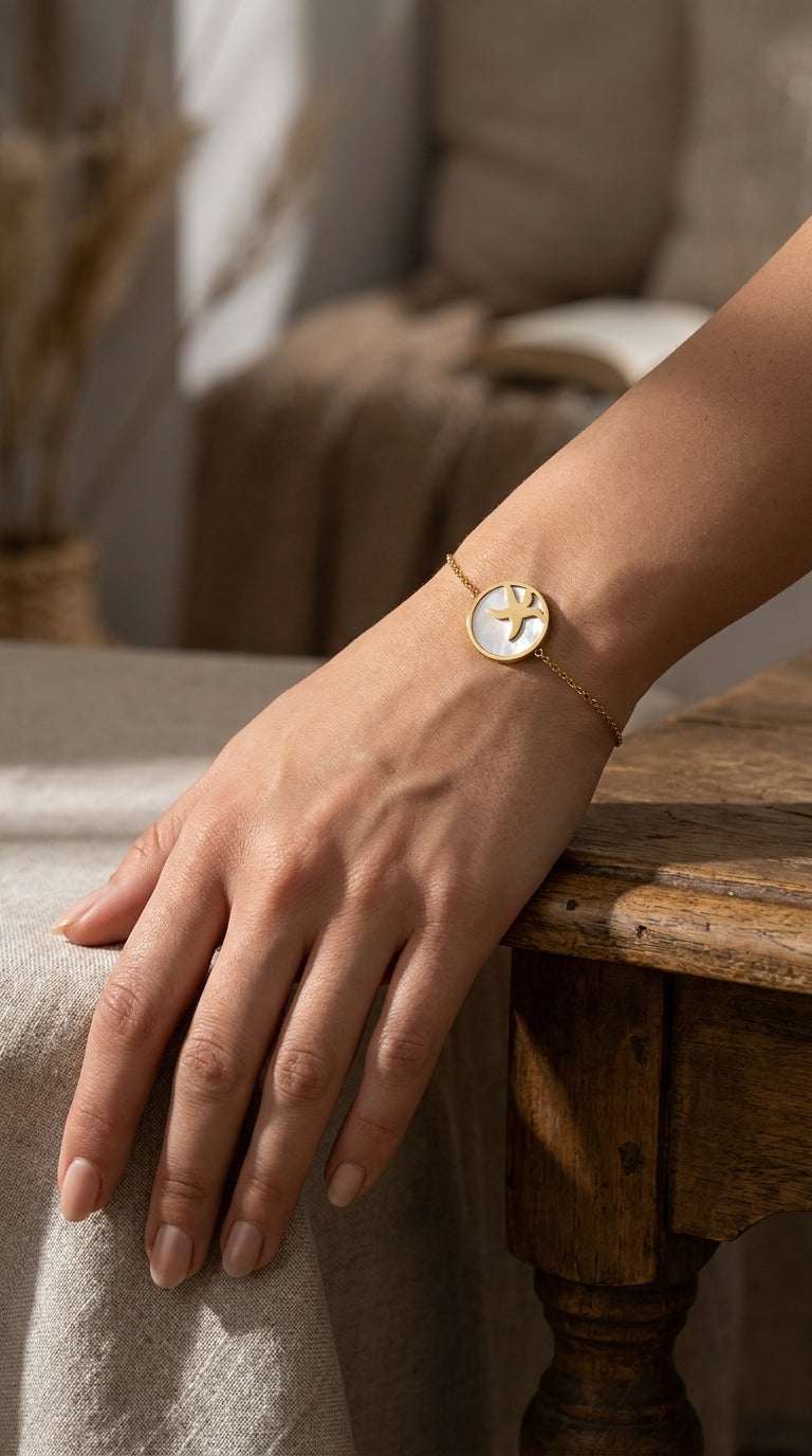 Gold chain bracelet featuring a round, iridescent mother-of-pearl charm with a delicate gold starfish cutout.