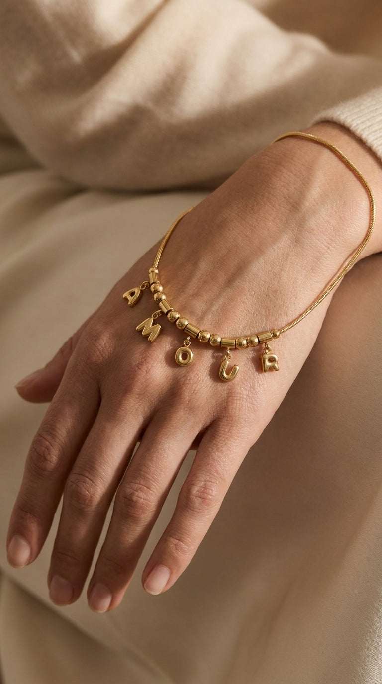 Gold chain bracelet with dangling letter charms spelling "AMOUR" on a person's wrist.