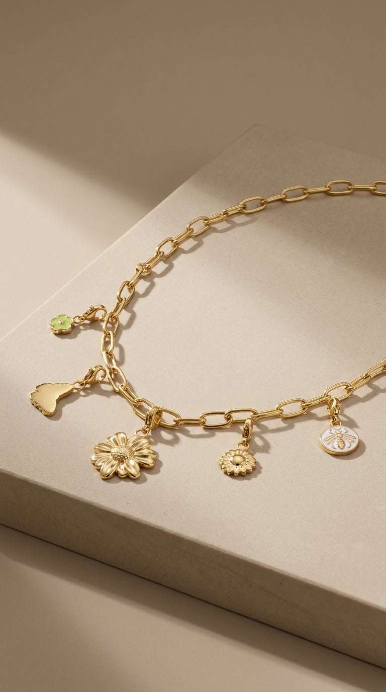 Gold chain necklace featuring charms of flowers, a butterfly, and a bee, set on a neutral textured stone surface.