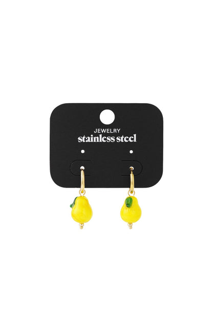Gold stainless steel hoop earrings featuring yellow pear-shaped charms with small green leaves.