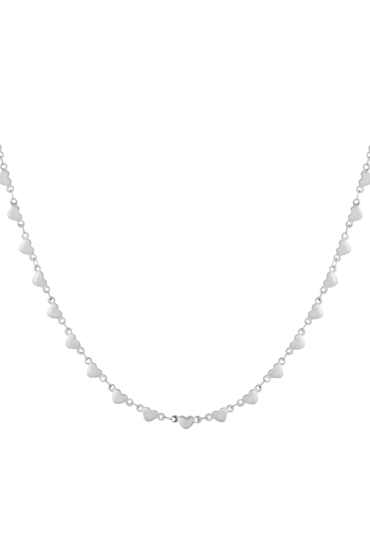 Close-up of a delicate silver multi heart necklace with small heart-shaped links on a white background