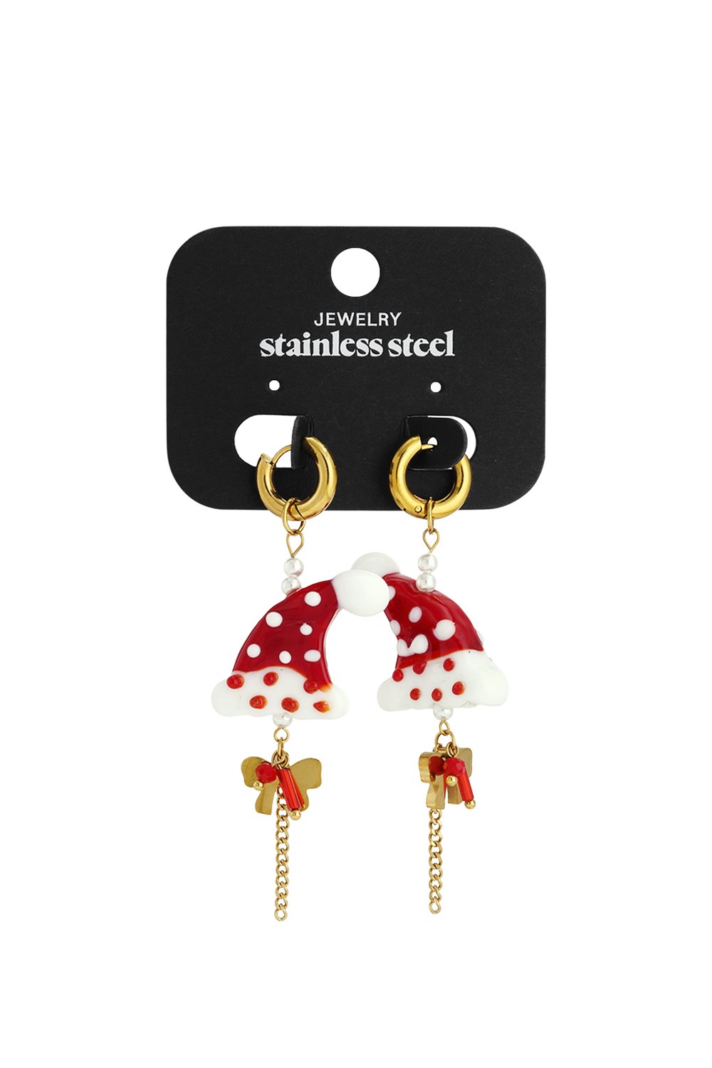 Festive Santa hat hoop earrings in stainless steel, featuring red and white spotted charms with dangling gold chains.