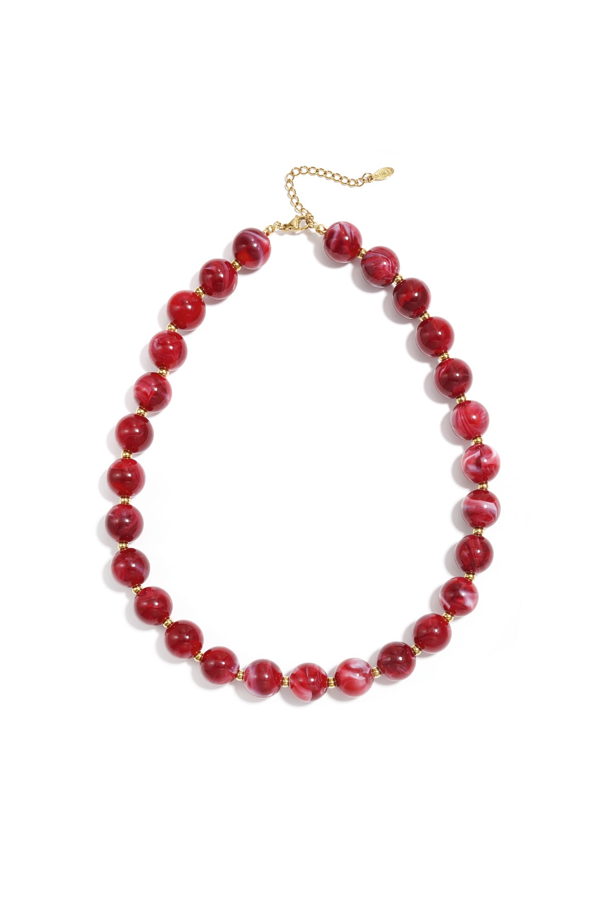 Brown marbled chunky beaded necklace with gold spacer beads and adjustable gold chain on white background