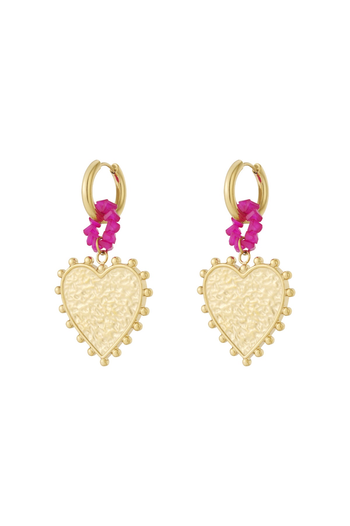 Pair of gold hoop earrings featuring textured heart-shaped pendants surrounded by ornamental dots and connected with bright pink beaded rings against white background