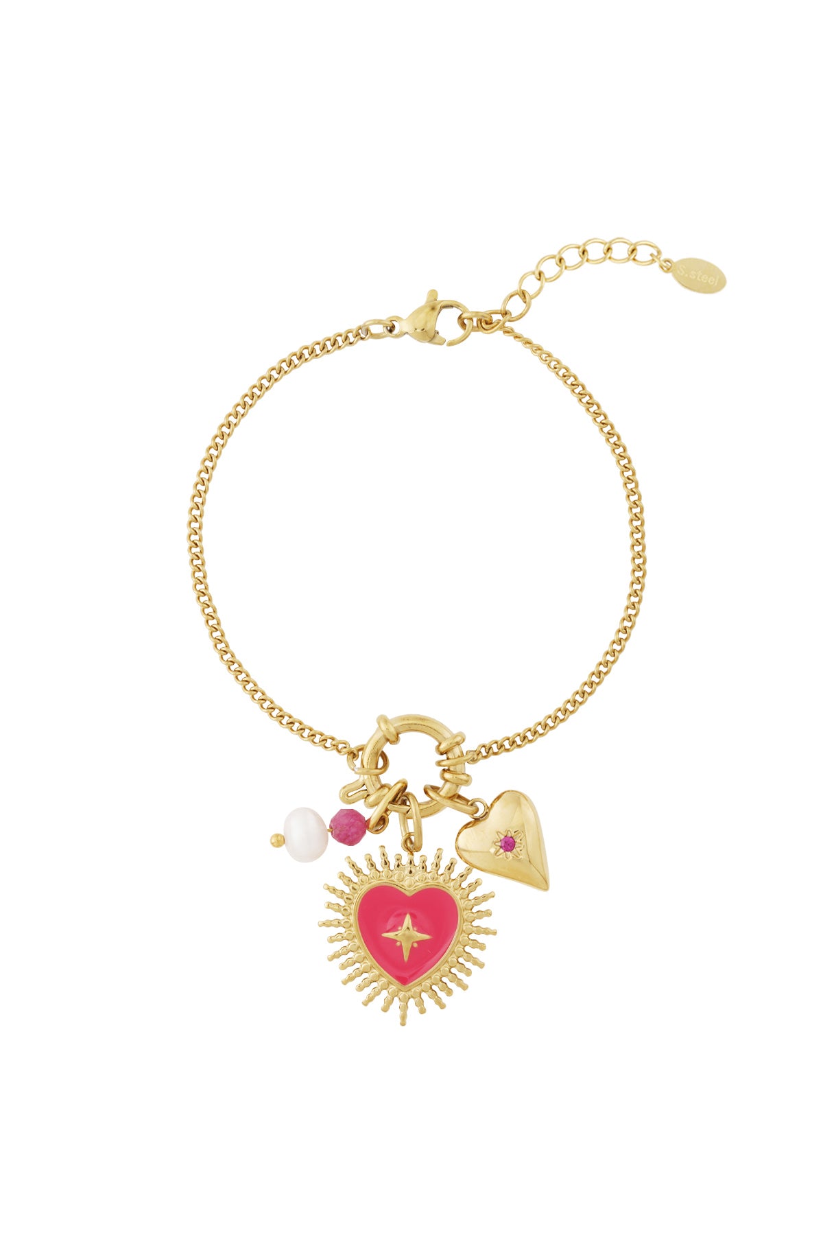 Gold charm bracelet assembled with pink heart sunburst, pearl bead, and gold heart charm attached, shown on white background