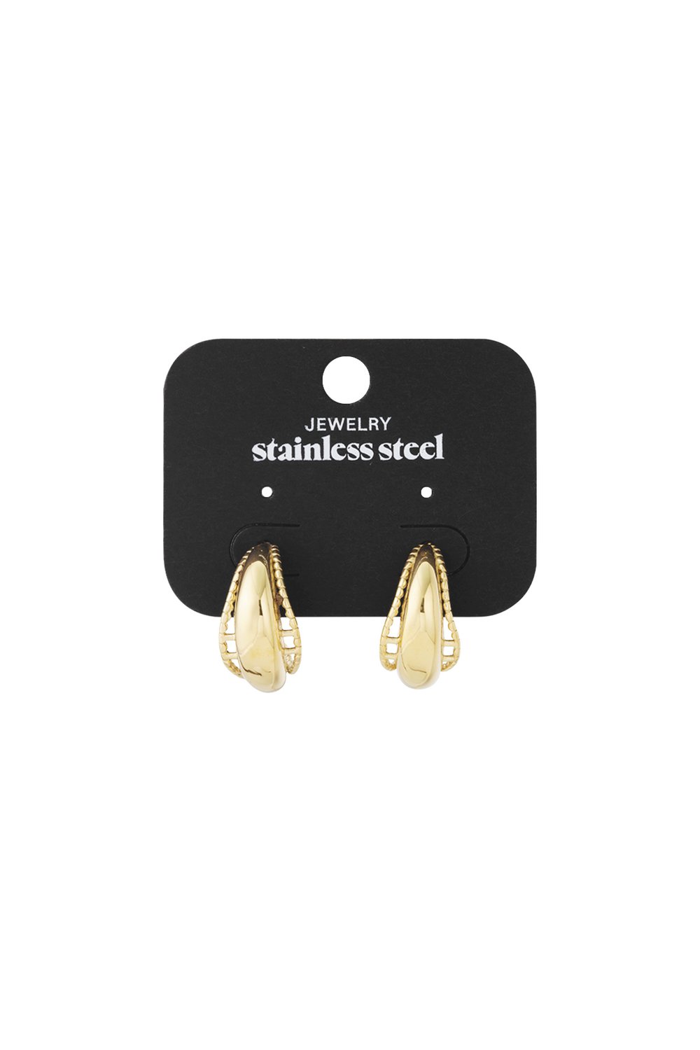 Chunky gold-plated stainless steel hoop earrings featuring a smooth center with detailed, textured side edges.