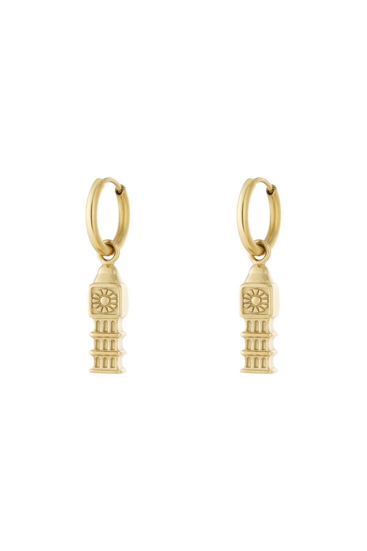 Pair of gold drop hoop earrings with detailed iconic tower charms hanging