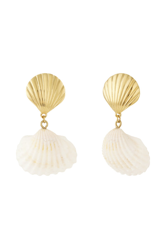 Pair of gold-toned seashell drop earrings with natural white seashell pendants displayed on white background
