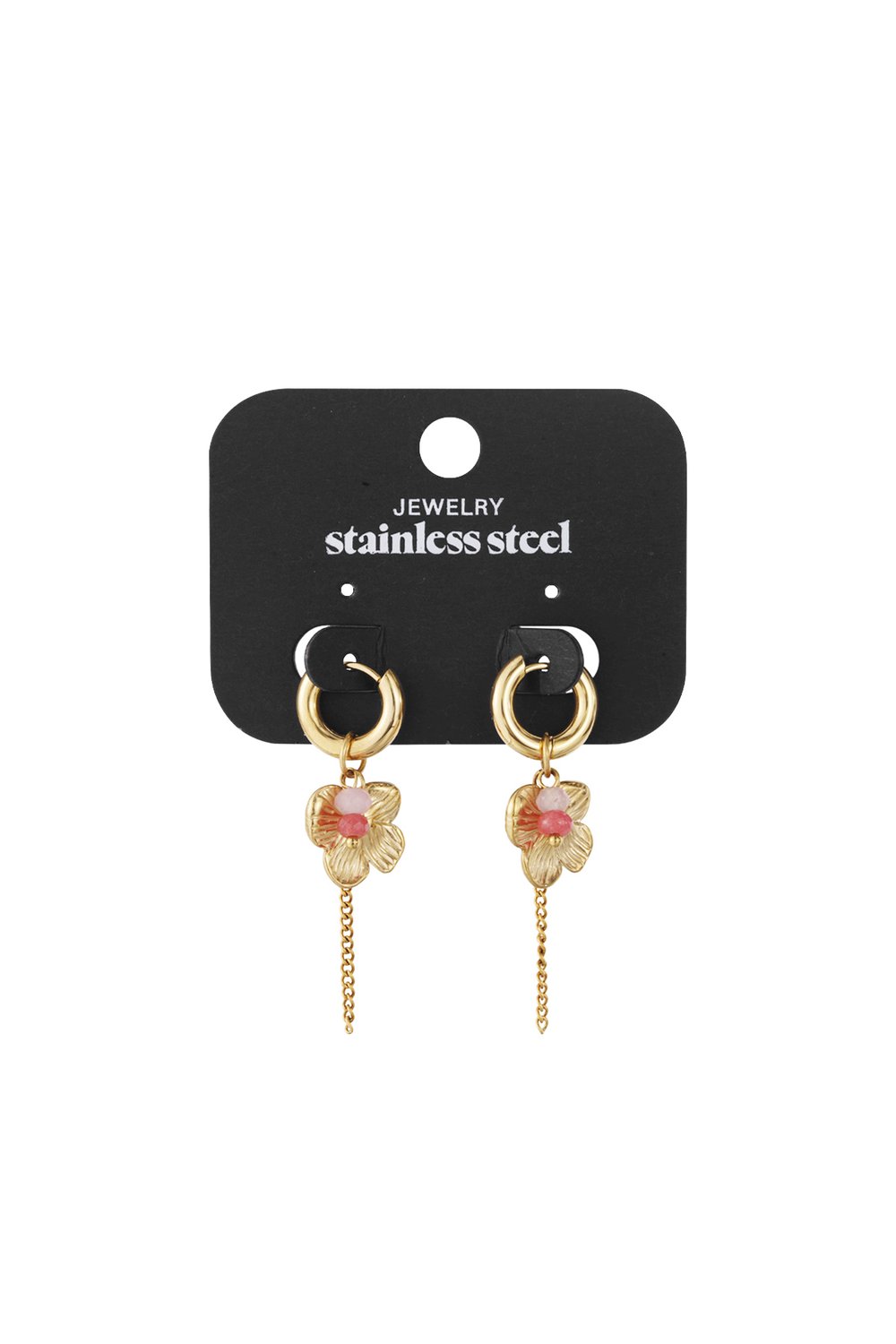 Golden Petal Drops: Stainless steel gold hoop earrings with a flower charm, pink bead accents, and delicate chain dangles.