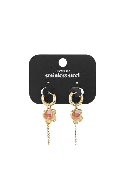 Golden Petal Drops: Stainless steel gold hoop earrings with a flower charm, pink bead accents, and delicate chain dangles.