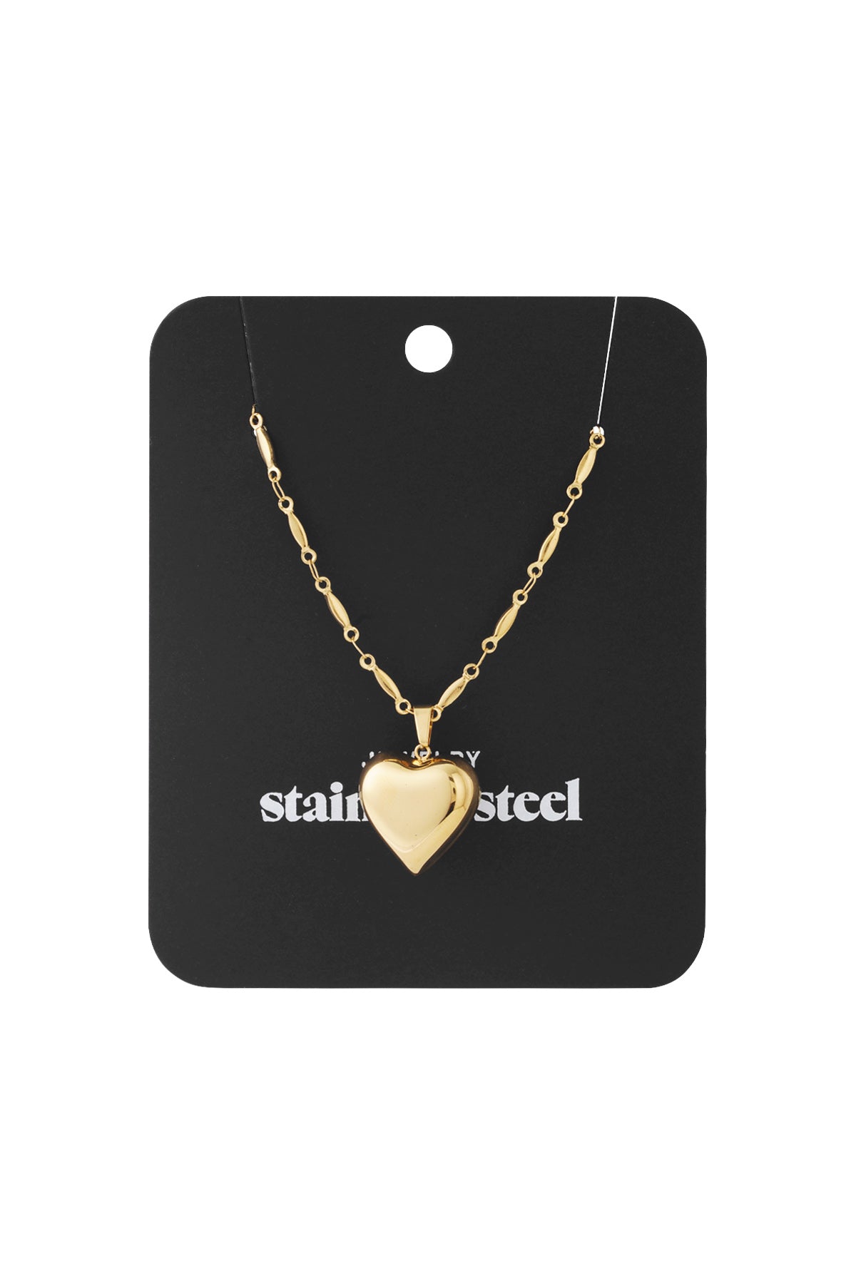Gold-tone stainless steel heart pendant necklace on a delicate textured chain, displayed on a black card.