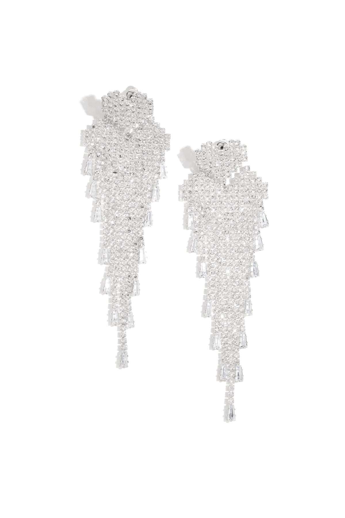 Pair of silver-tone crystal cascade earrings with pixelated heart tops and fringed crystal drops displayed on white background