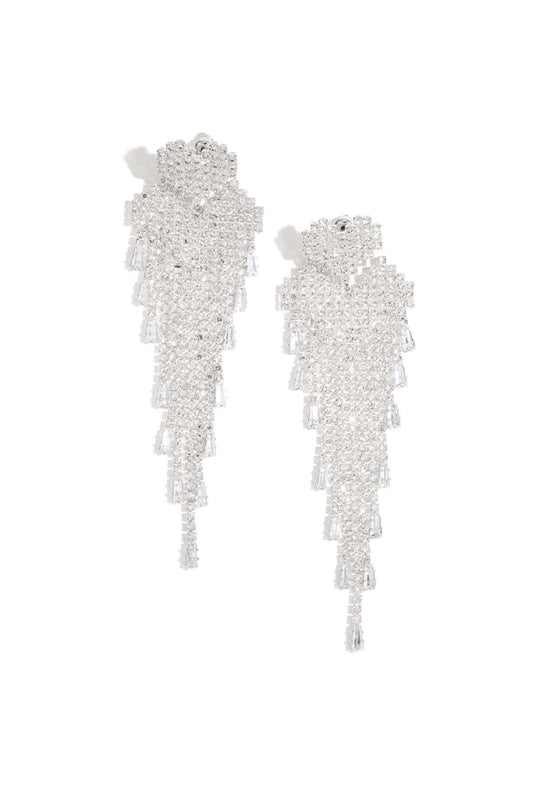 Pair of silver-tone crystal cascade earrings with pixelated heart tops and fringed crystal drops displayed on white background