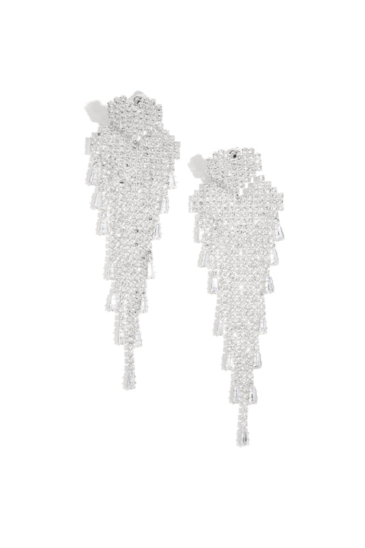 Pair of silver-tone crystal cascade earrings with pixelated heart tops and fringed crystal drops displayed on white background