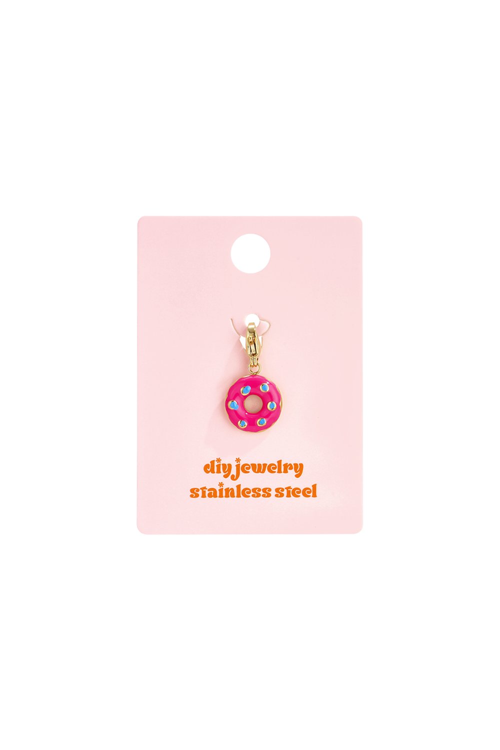 Sweet Donut Set: A gold-tone stainless steel donut charm with pink enamel and blue sprinkles on a pink display card.