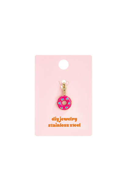 Sweet Donut Set: A gold-tone stainless steel donut charm with pink enamel and blue sprinkles on a pink display card.