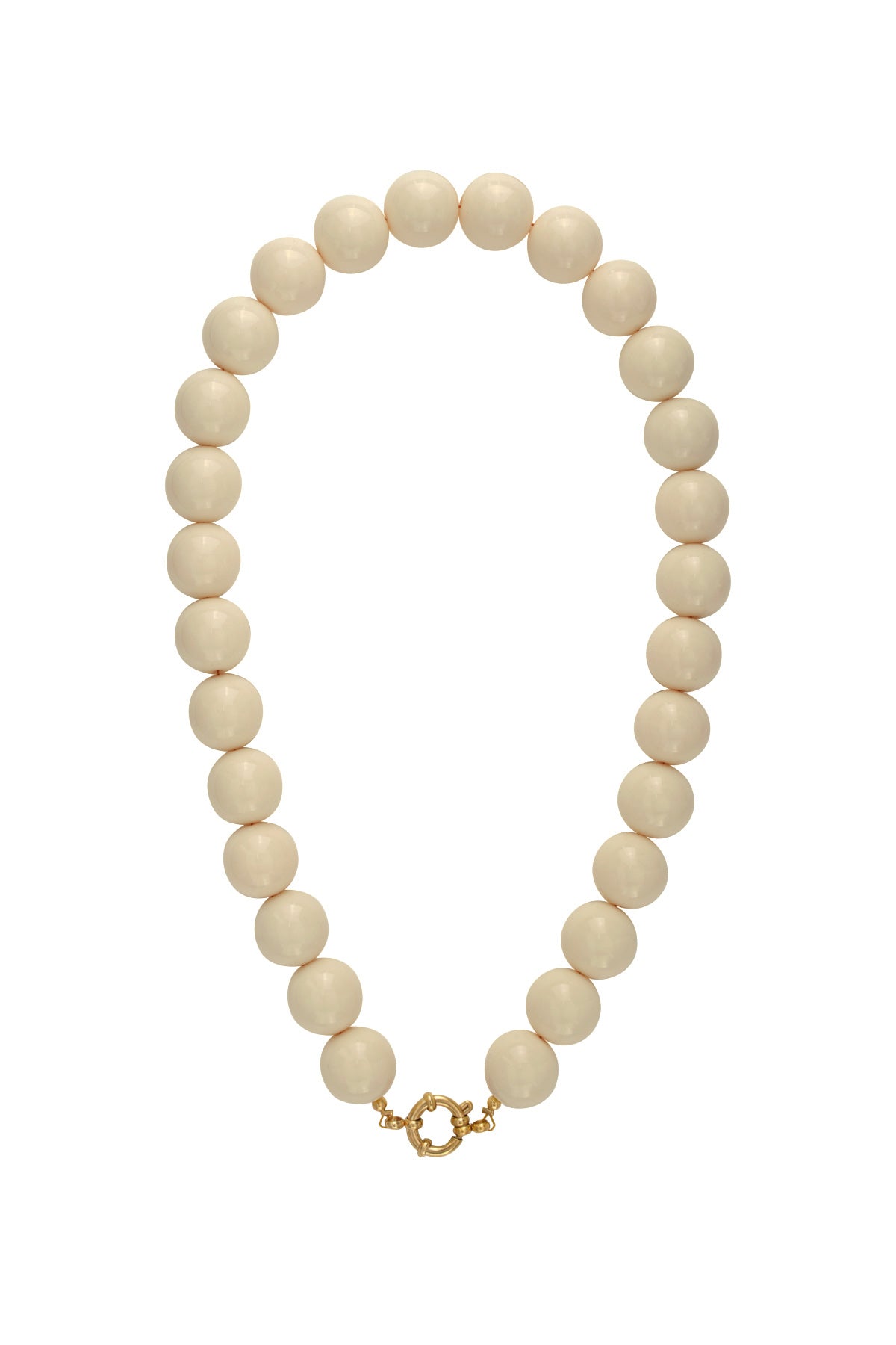 Chunky light blue resin beaded necklace with gold clasp on white background