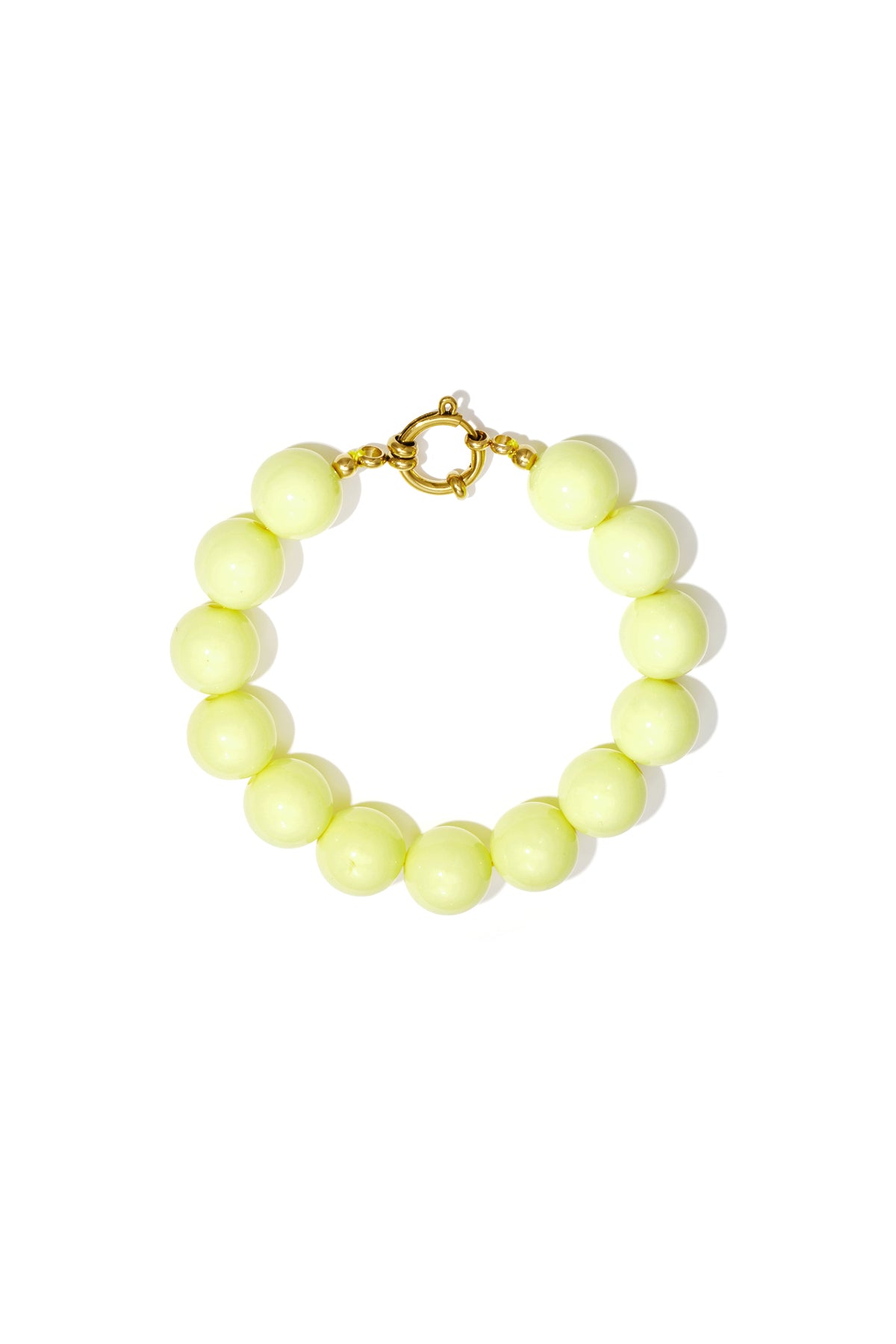 Light yellow chunky beaded bracelet with smooth resin beads and gold front clasp