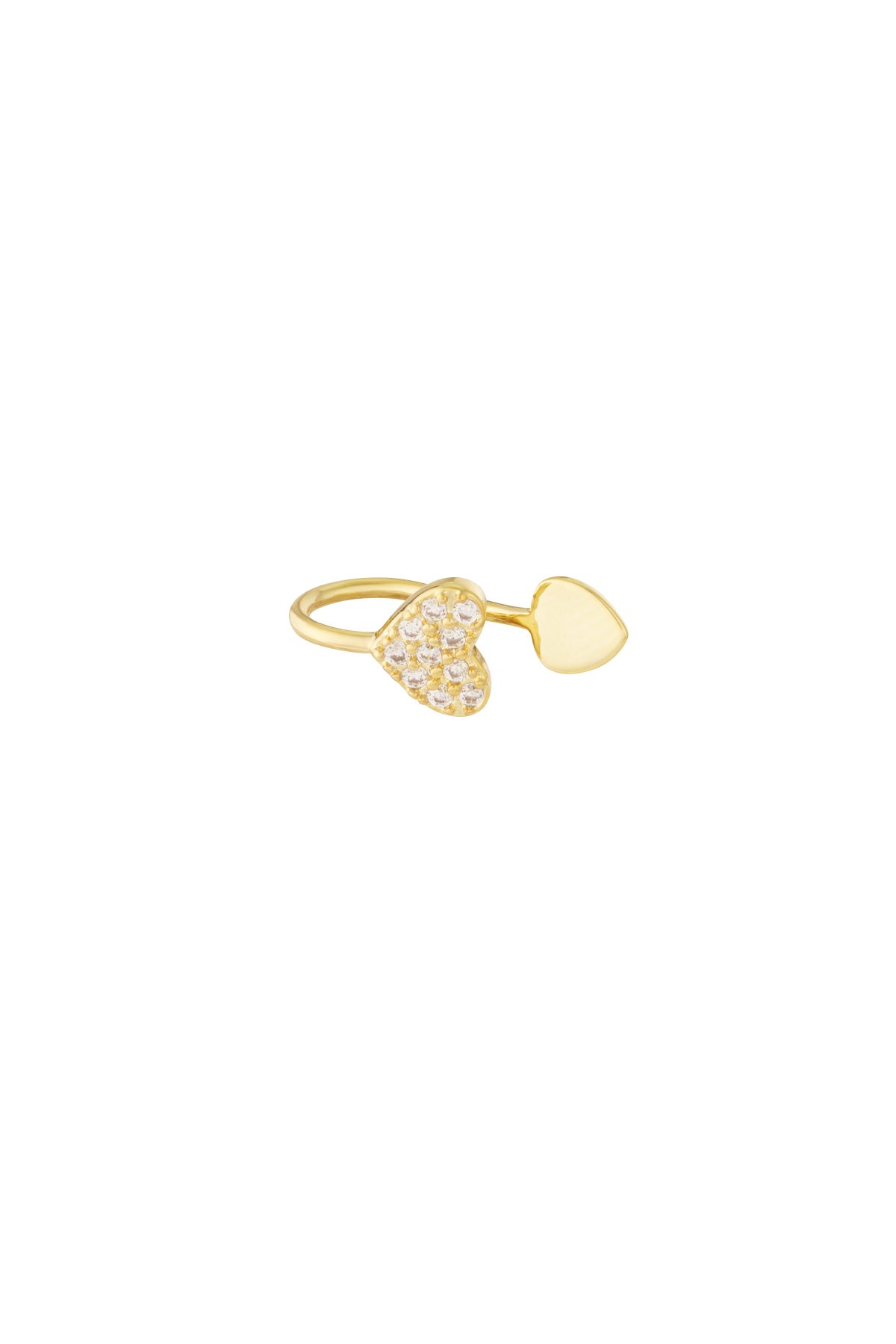 Close-up image of a gold-tone open heart ear cuff with one heart studded with small clear zircon crystals and the other heart smooth polished