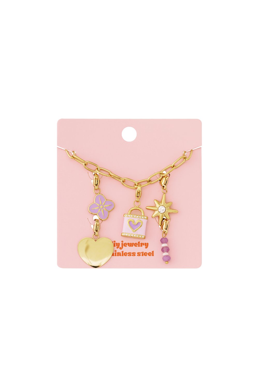 Polished gold link charm bracelet featuring flower, heart, padlock, and star charms with purple enamel and bead accents.