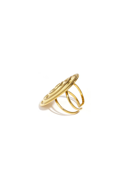 Wavy Gravy gold ring featuring a large, textured wavy circular face on a sleek, open-wire dual band.