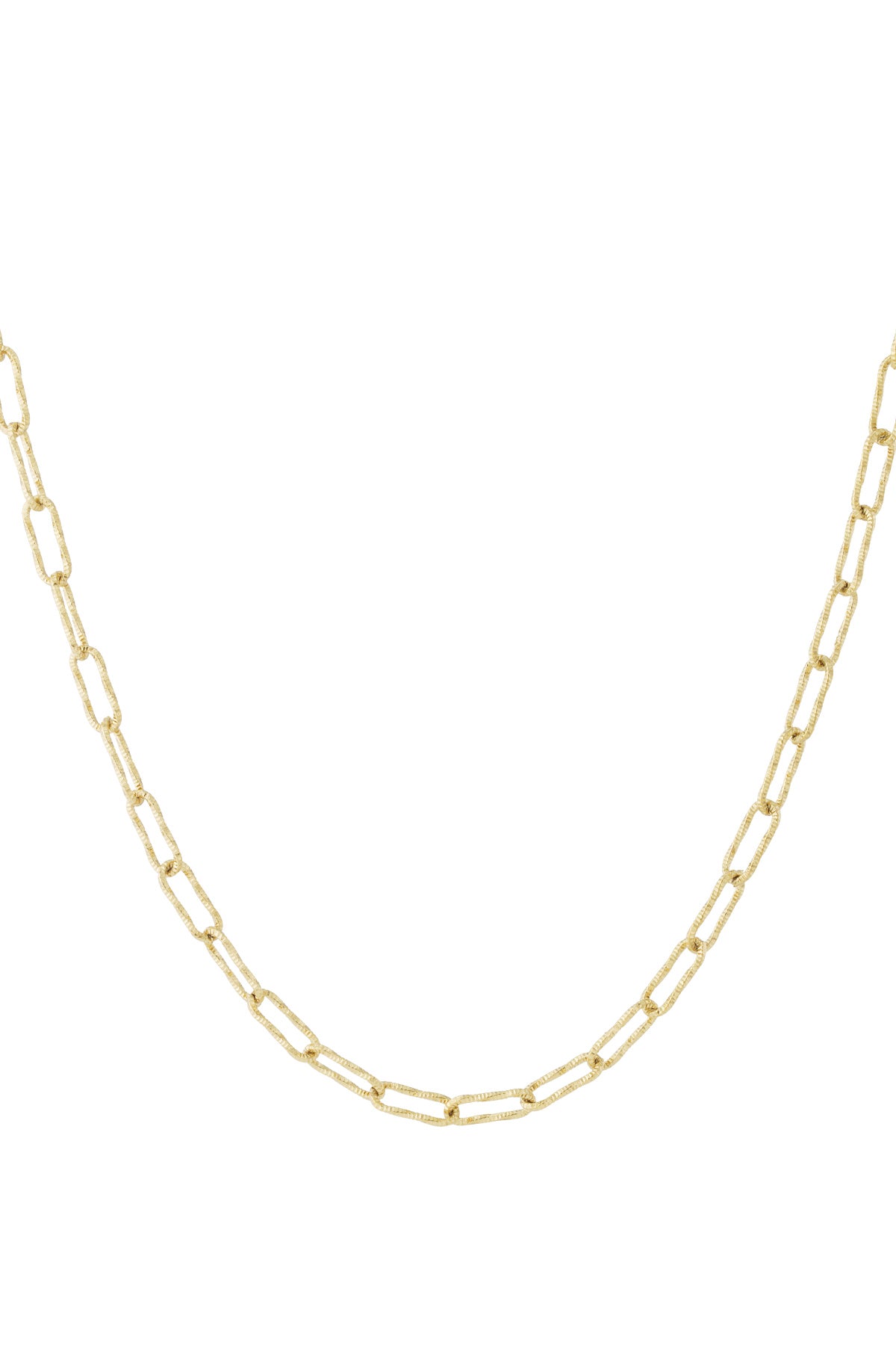 Gold textured rectangular link chain necklace isolated on white background