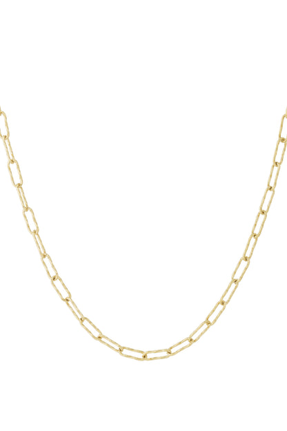 Gold textured rectangular link chain necklace isolated on white background