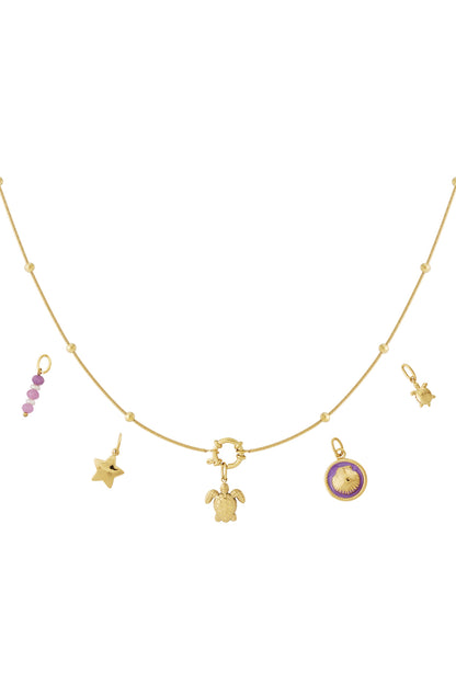 Gold charm necklace with spaced gold beads and multiple charms including turtle, star, purple bead, small turtle and shell with purple enamel