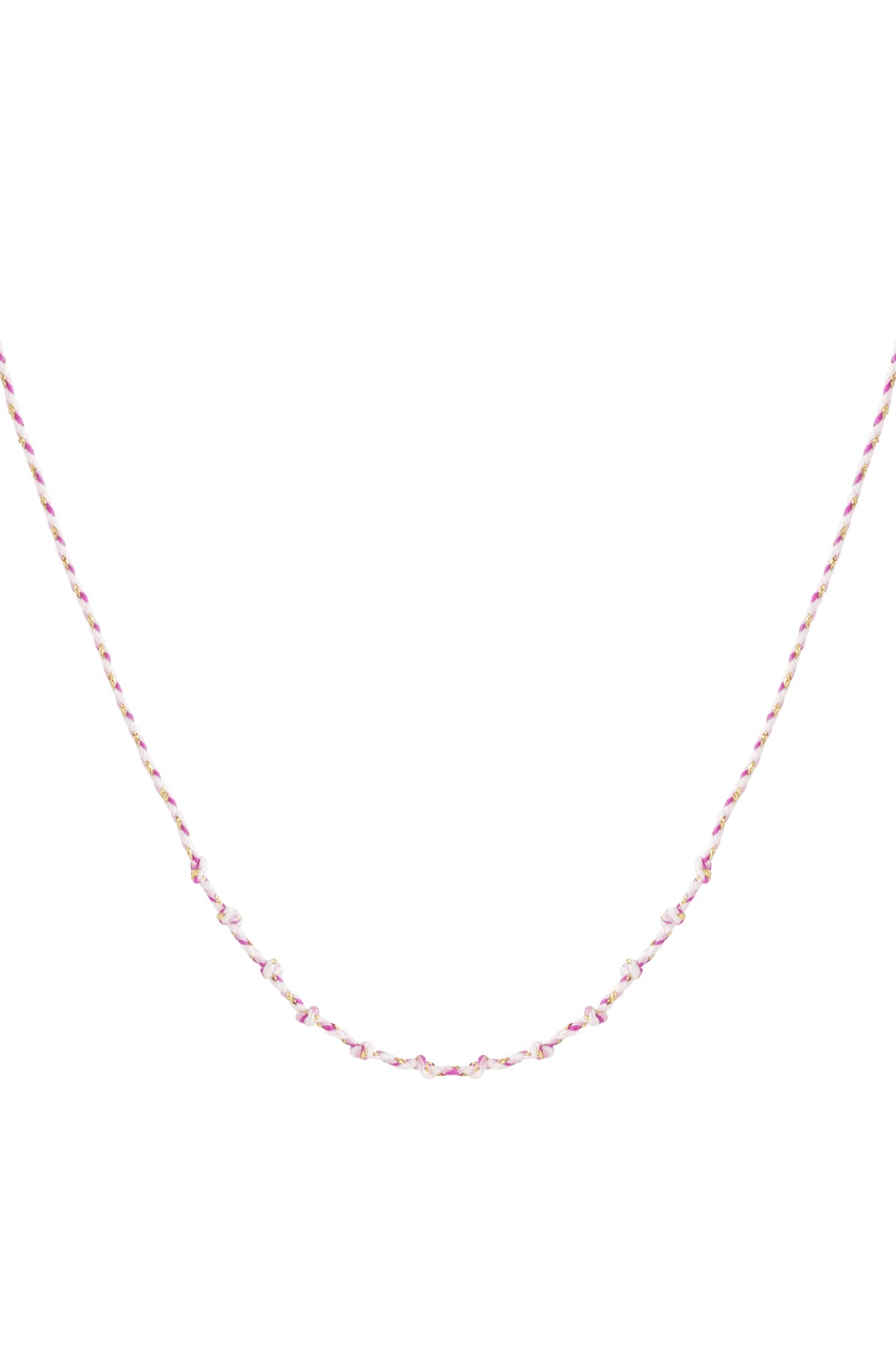 Pink knotted cotton necklace with gold accents laid flat on white background