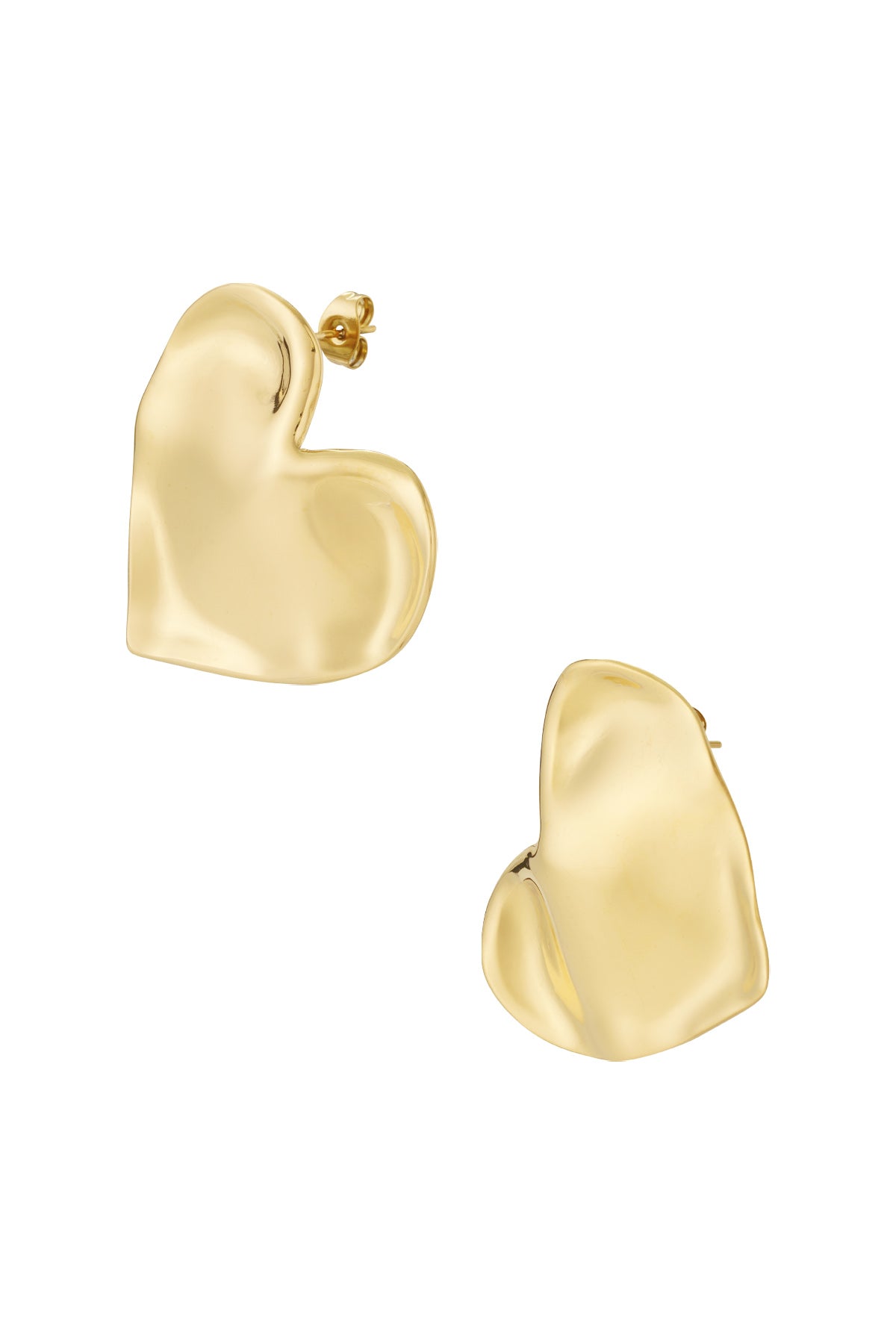 Pair of chunky heart-shaped stud earrings with smooth gold finish on white background