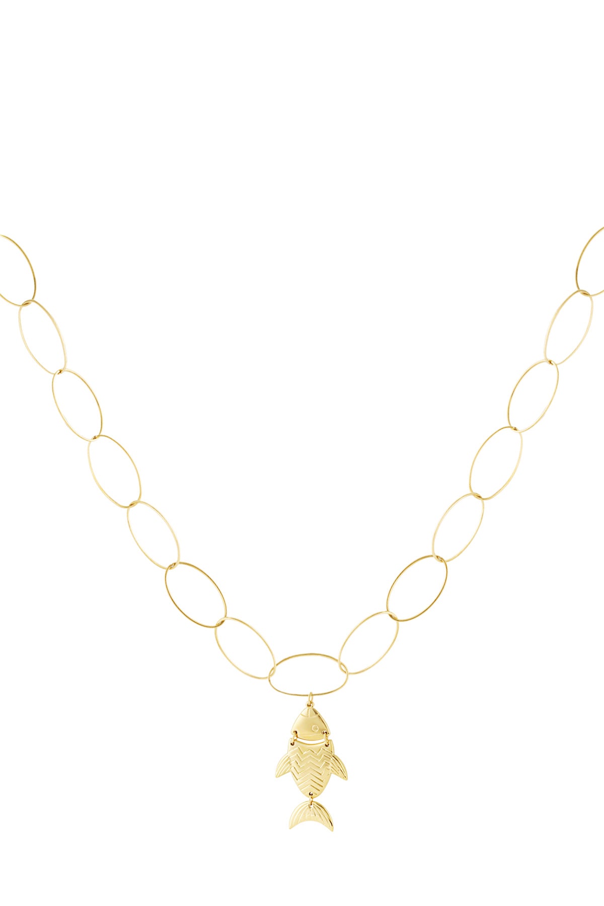 Gold pendant necklace with oval links and articulated fish charm on a white background