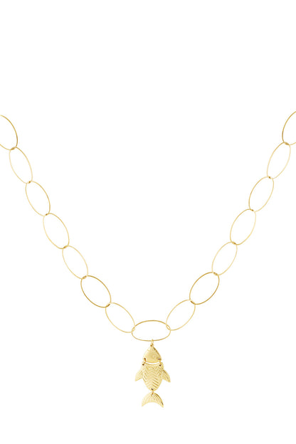 Gold pendant necklace with oval links and articulated fish charm on a white background