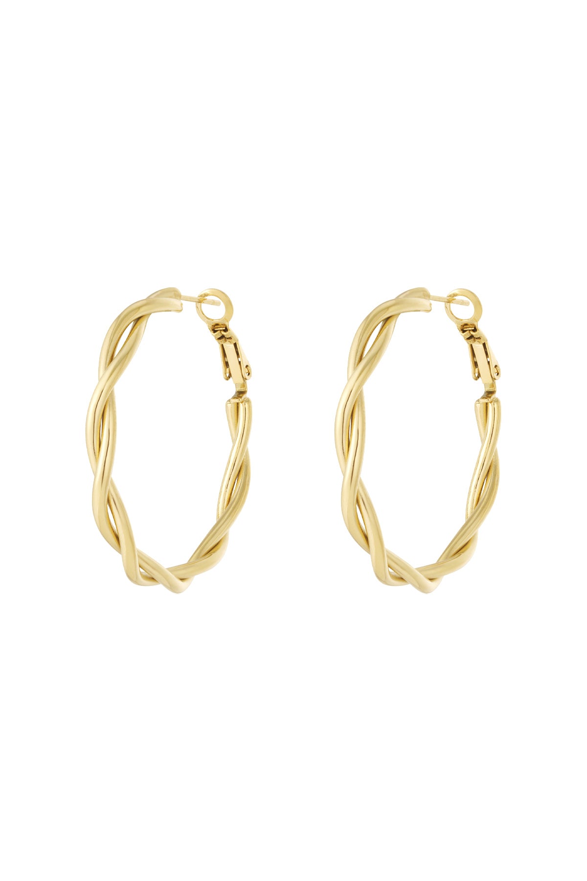 Side view of gold twisted oval hoop earrings with latch back closures on white background