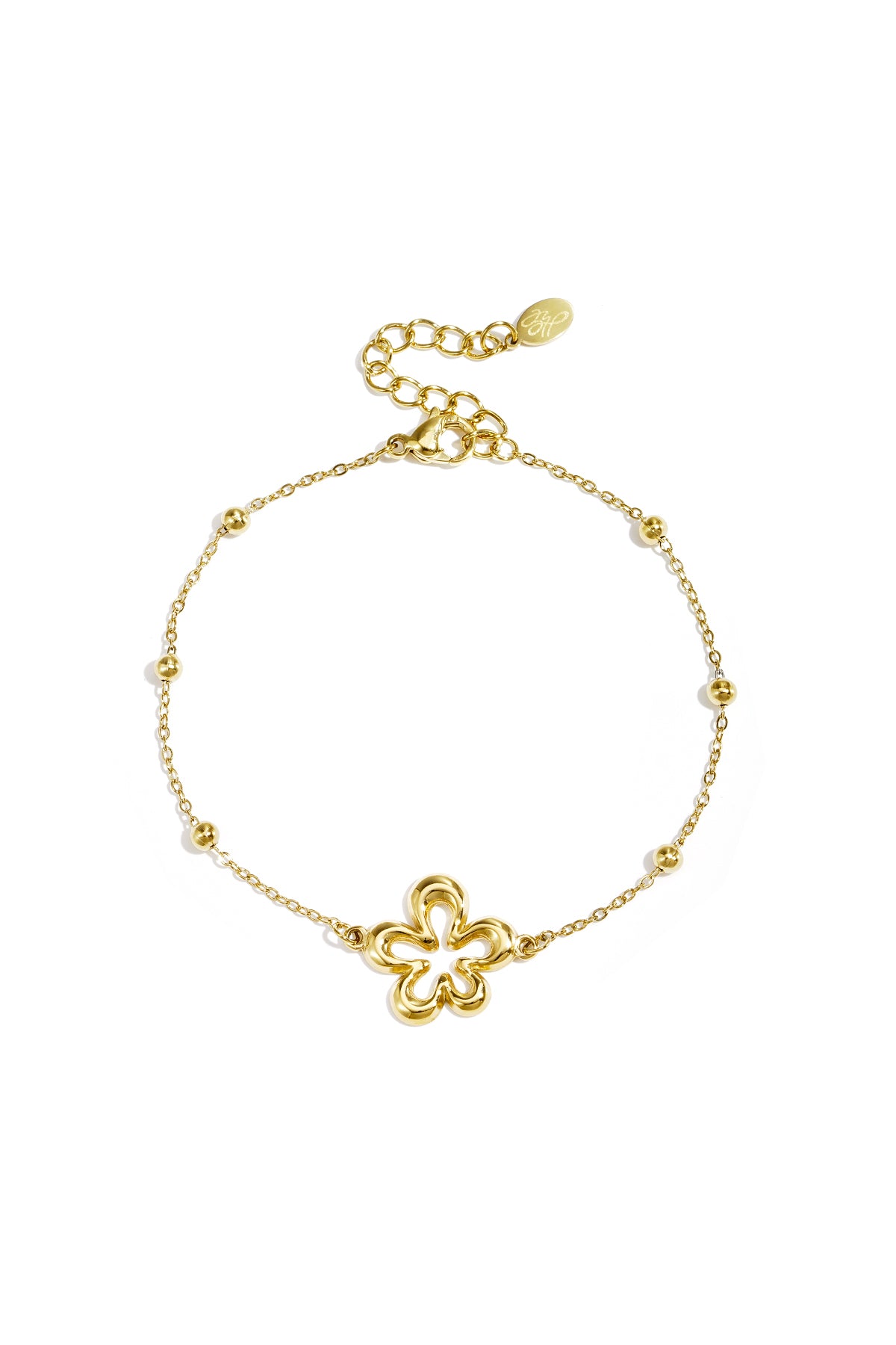 Delicate gold chain bracelet featuring a single open flower charm on white background