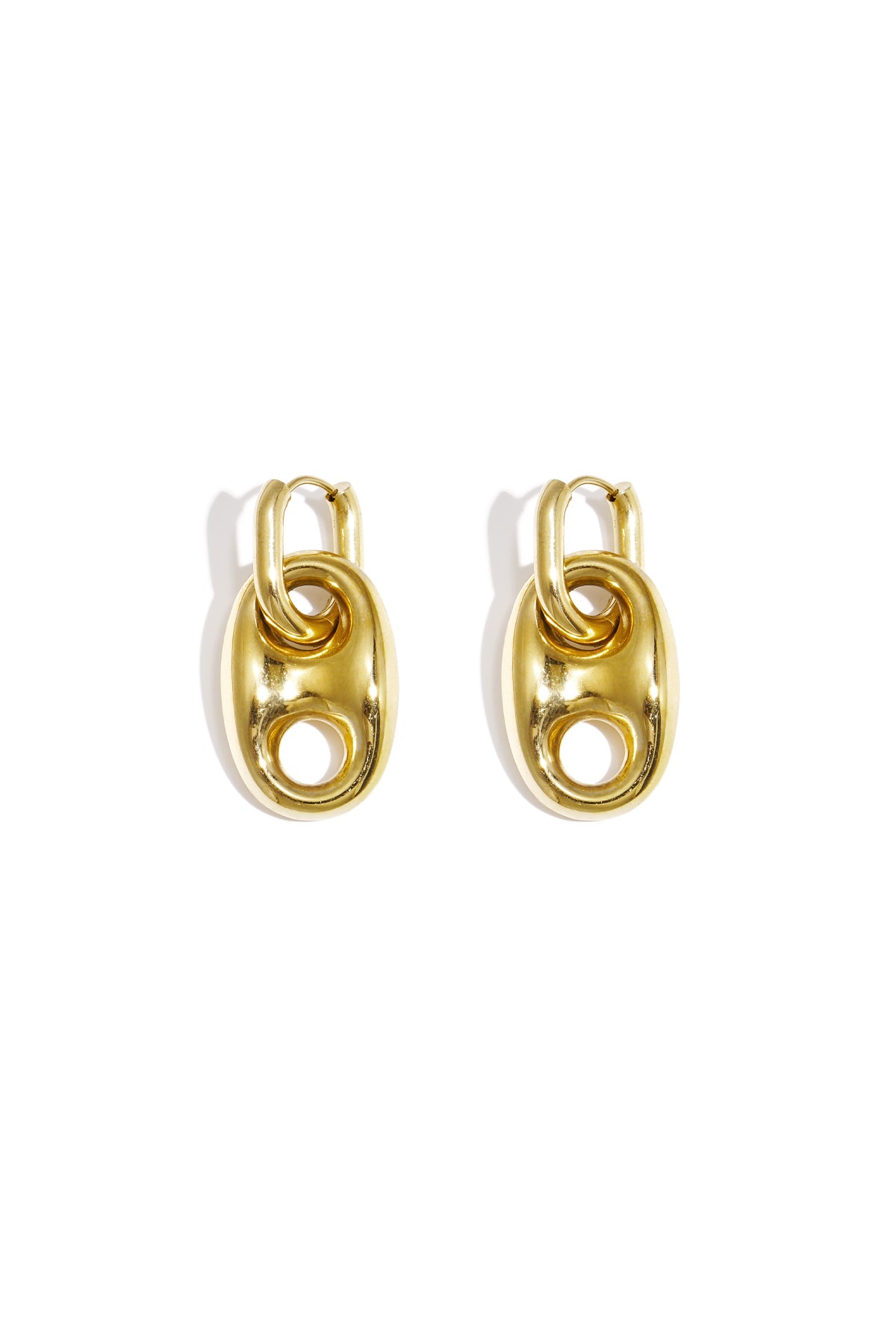Close-up of shiny gold drop earrings shaped like tab pull rings on a white background
