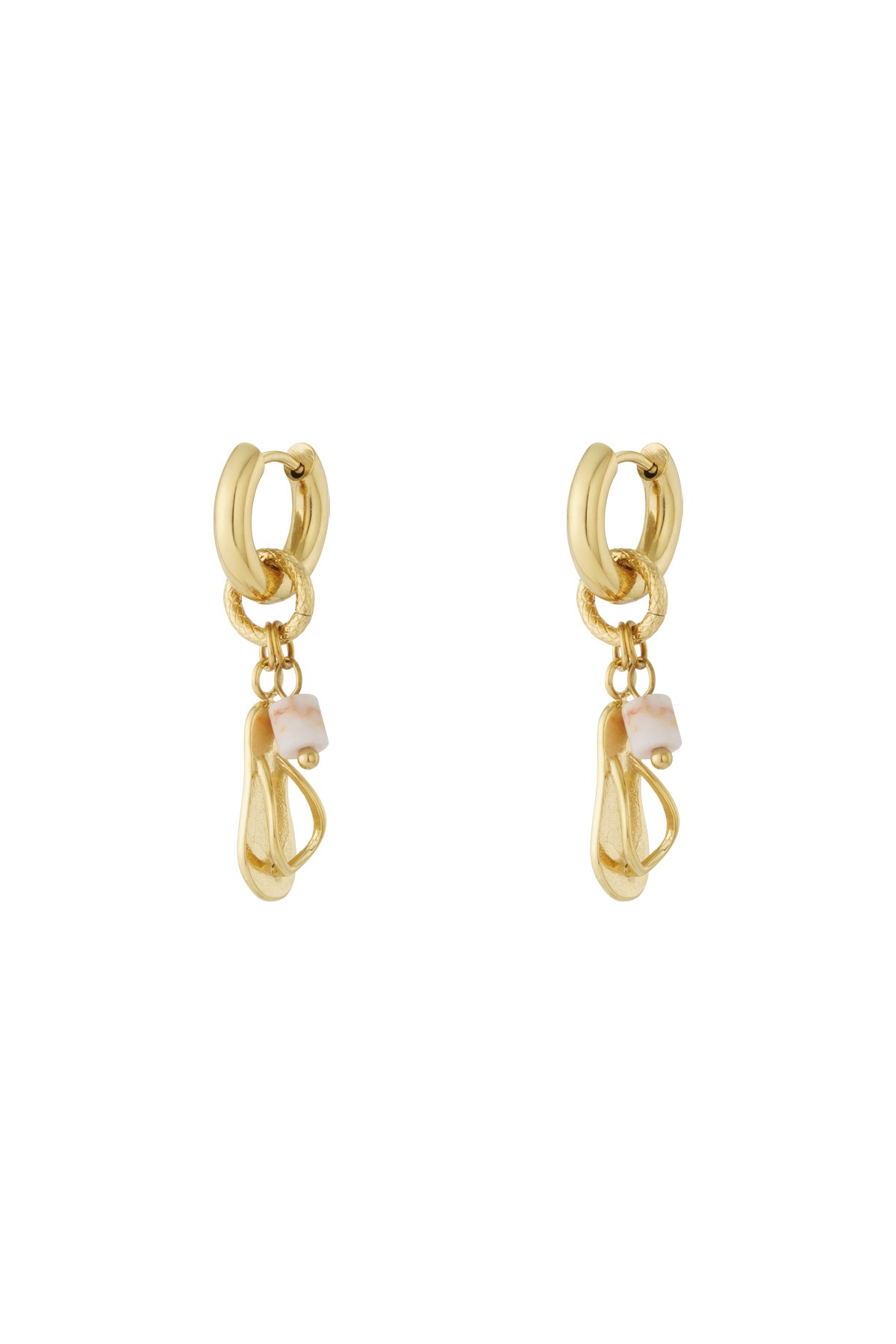 Pair of playful gold drop earrings featuring flip flop charms and pink marble-like bead accents on hoop backs