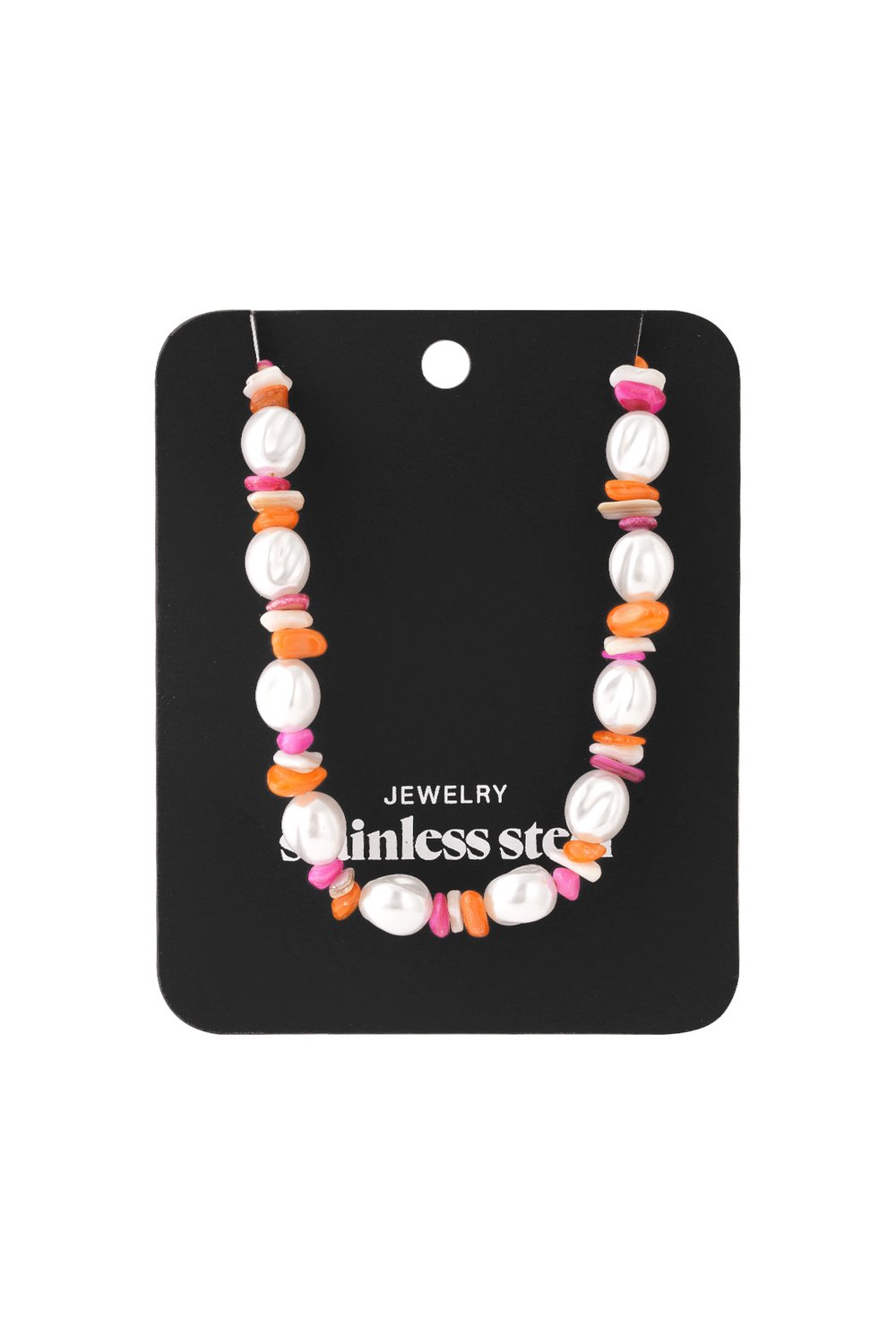 Necklace featuring white baroque pearls interspersed with small, colorful pink and orange chip beads on a display card.