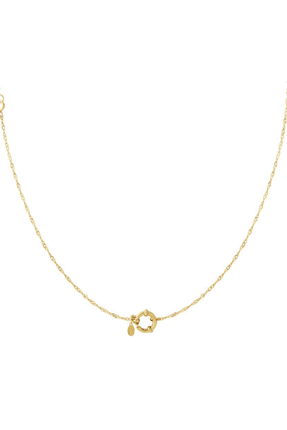 Close-up of delicate gold chain necklace with round spring ring clasp