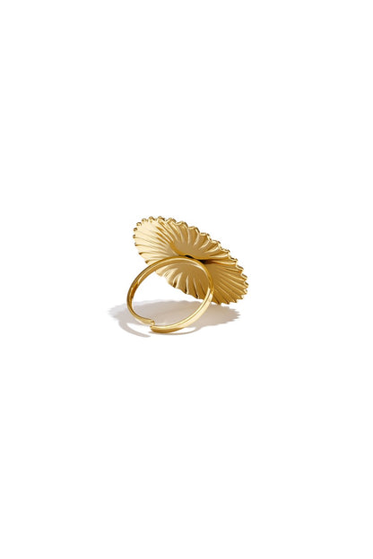 Golden Hour Heart Ring: A polished gold ring featuring a large, sunburst-textured heart motif on a thin band.