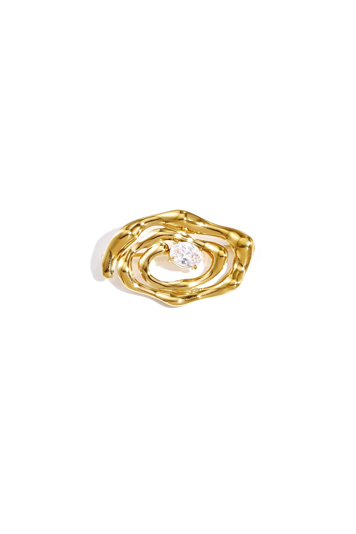 gold-tone spiral brooch with clear rhinestone centerpiece on white background