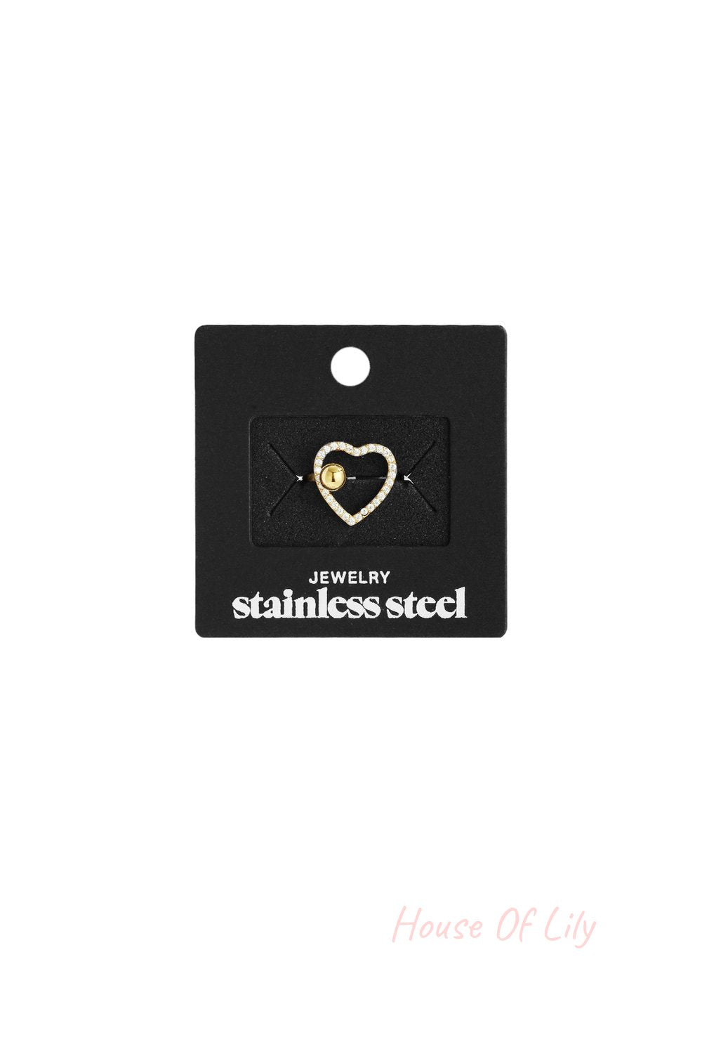 Main Character Heart stainless steel ring featuring a pavé-style crystal heart with a central gold ball accent.