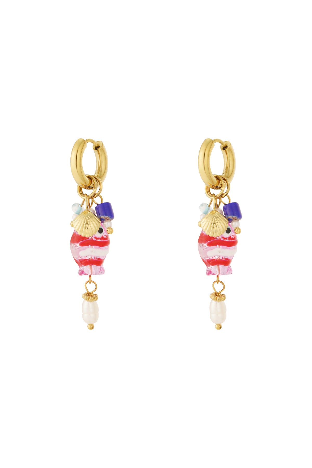 Pair of gold-tone hoop earrings featuring dangling pink and white striped resin fish charms with blue beads and faux pearl drops on a white background