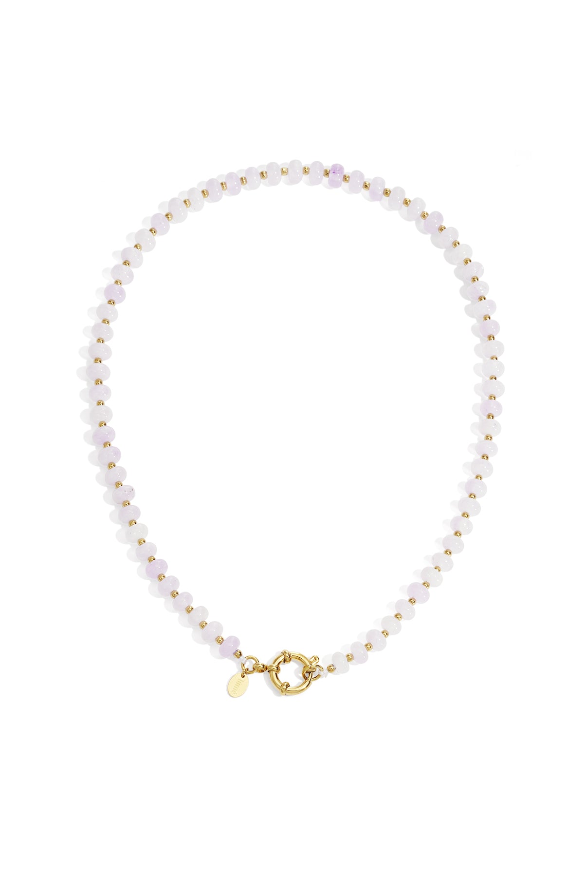 Close-up of a lavender stone beaded necklace with gold beads and toggle clasp