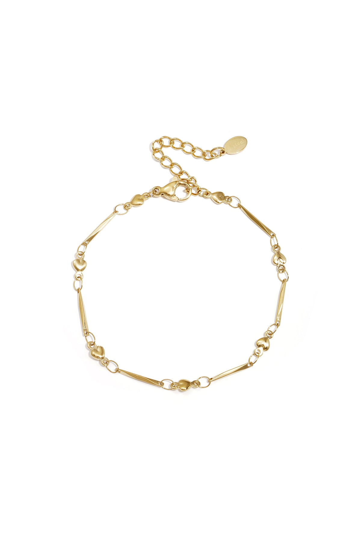 Close-up image of a delicate gold heart link bracelet with lobster clasp and adjustable chain on white background.
